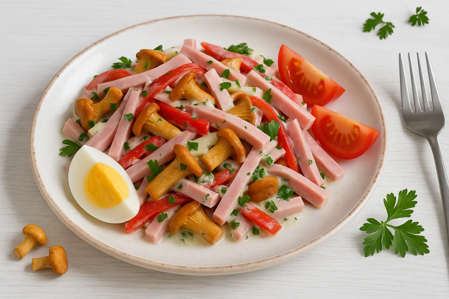 Weißer Teller mit Schinkensalat, Pfifferlingen, Paprika, Ei und Tomate auf weißem Holztisch, dekoriert mit Petersilie