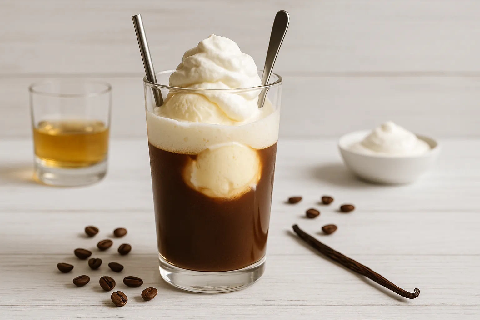 Hohes Glas mit schottischem Eiskaffee, Vanilleeis und Sahne auf weißem Holztisch, daneben Kaffeebohnen und Whisky