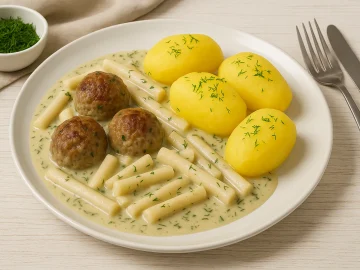 Schwarzwurzelgemüse mit Hackfleischbällchen in cremiger Dillsoße, serviert auf weißem Teller mit Kartoffeln