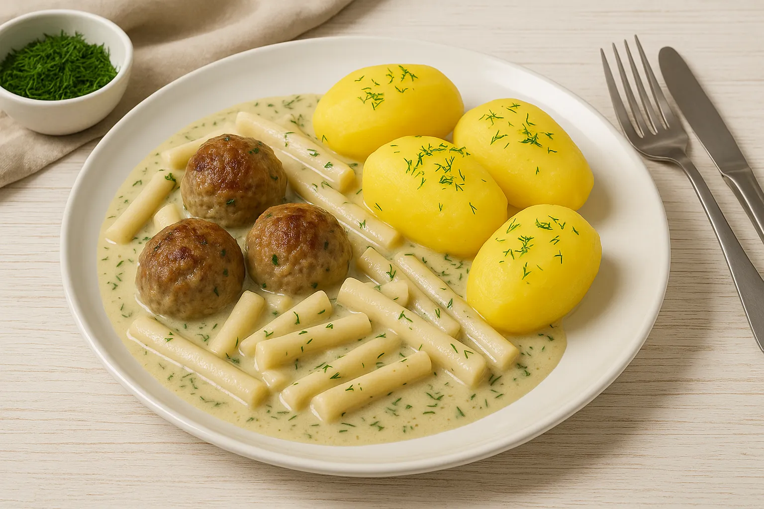 Schwarzwurzelgemüse mit Hackfleischbällchen in cremiger Dillsoße, serviert auf weißem Teller mit Kartoffeln