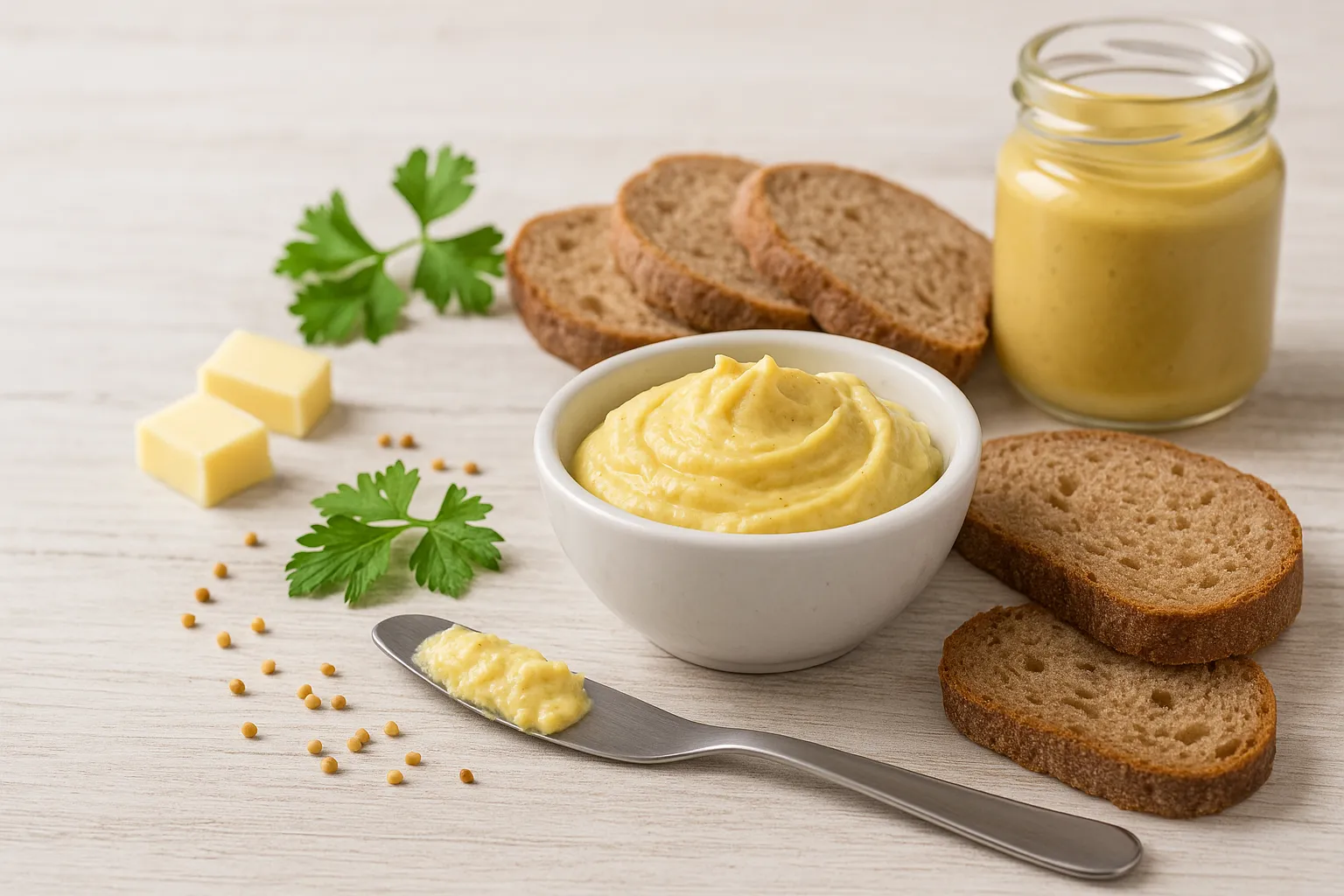 Weiße Schale mit Senfbutter, Bauernbrot und Messer auf hellem Holztisch, daneben Senf und frische Kräuter