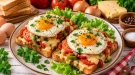 Überbackener Toast mit Gemüse, Käse und Spiegelei.