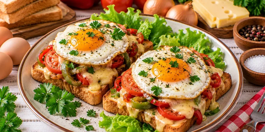 Überbackener Toast mit Gemüse, Käse und Spiegelei.