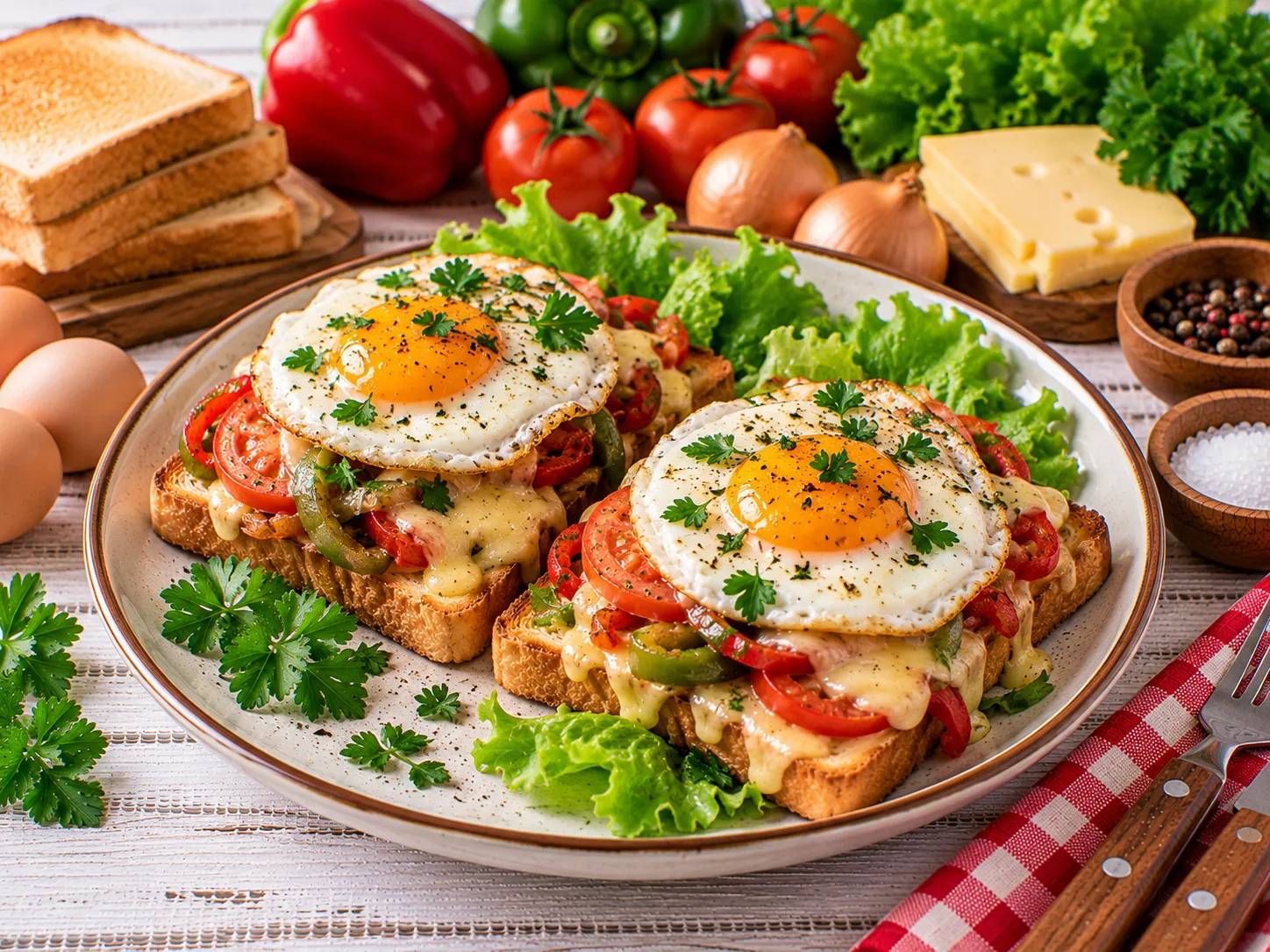 Überbackener Toast mit Gemüse, Käse und Spiegelei.