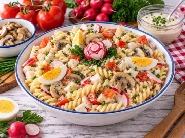 Spirelli-Gemüse-Salat mit Tomaten, Champignons, Radieschen und Ei.