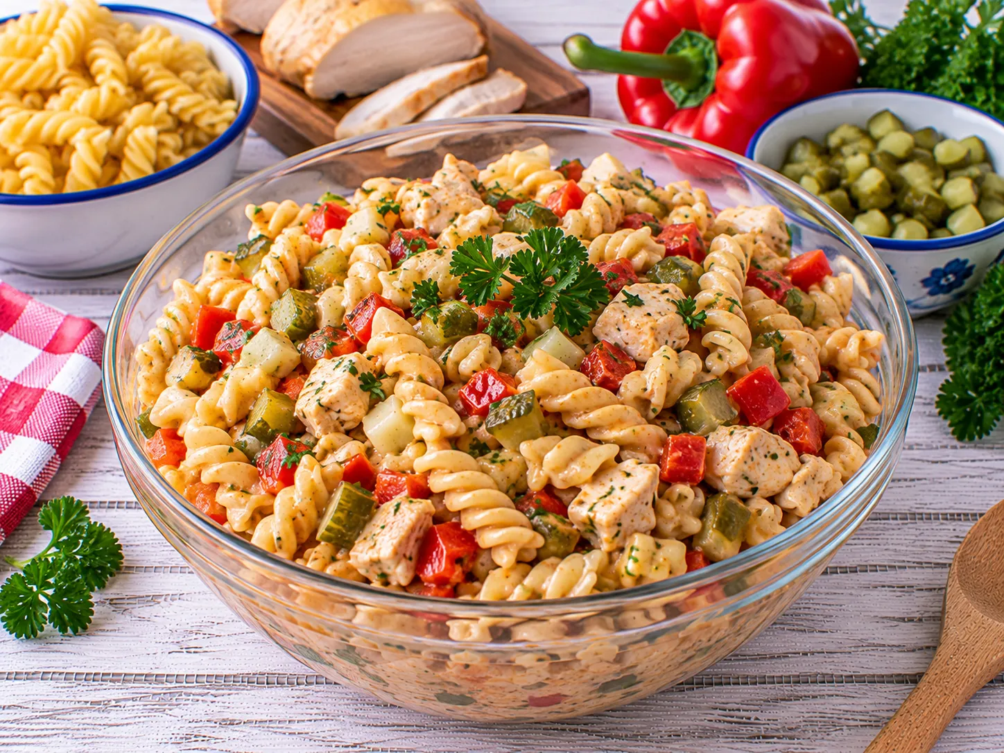 Spirellisalat mit Geflügelfleisch, Paprika und Gewürzgurken.
