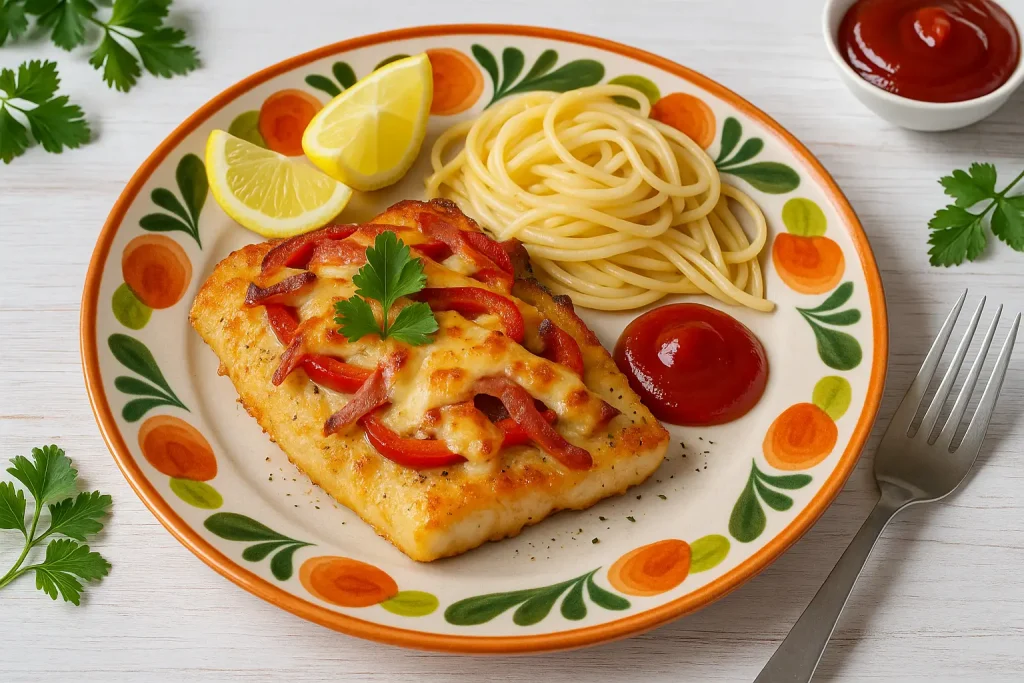  Tessiner Fischschnitzel, überbacken mit Speck, Paprika und Käse, serviert auf buntem DDR-Teller mit Spaghetti und Tomatenketchup.