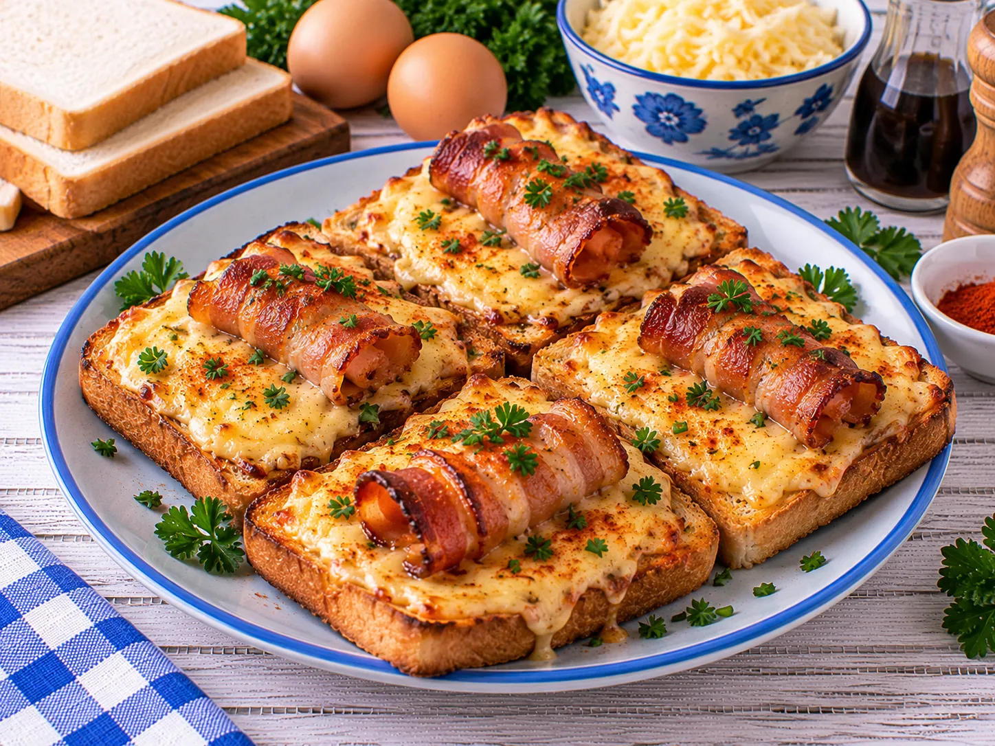 Überbackene Teufelsschnitten mit Käse und knusprigem Speck.