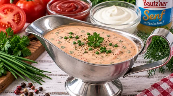 Tomaten-Kräuter-Sahne in einer Edelstahlsauciere.