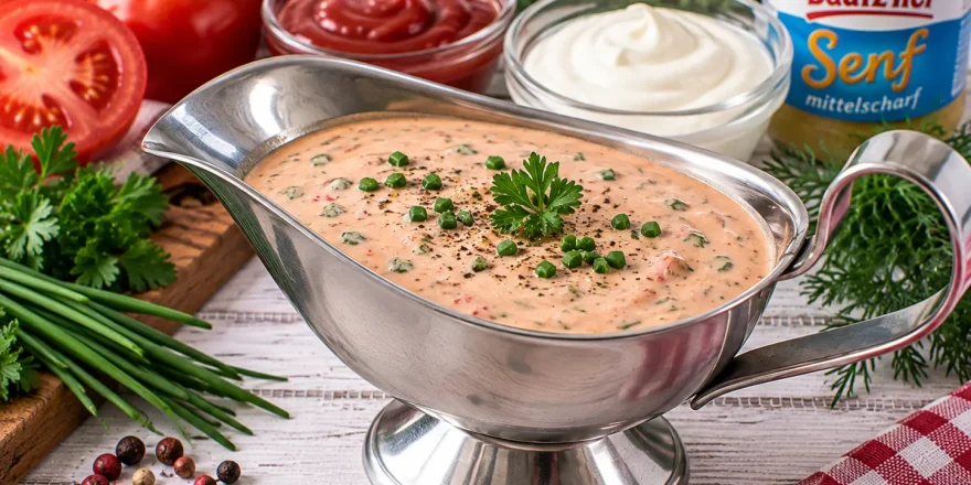 Tomaten-Kräuter-Sahne in einer Edelstahlsauciere.