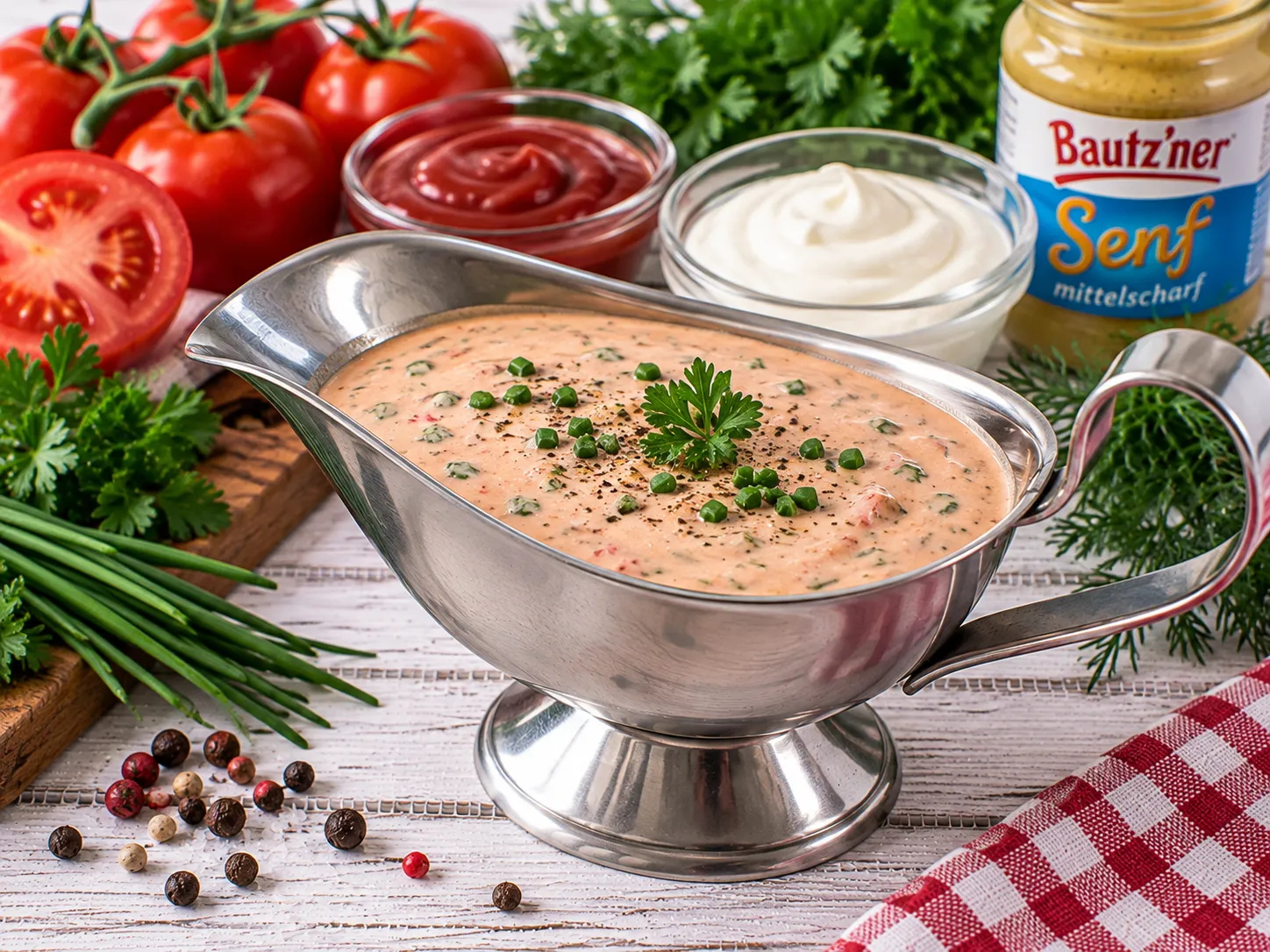 Tomaten-Kräuter-Sahne in einer Edelstahlsauciere.