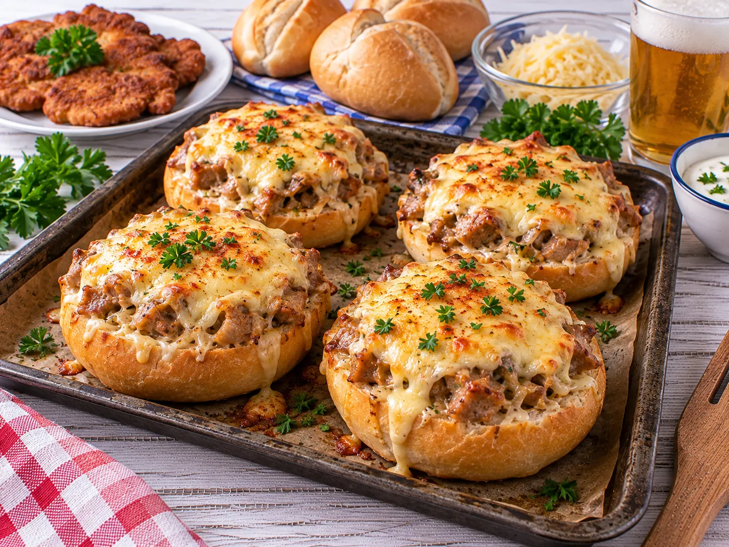 Goldbraun überbackene Brötchen mit Fleischfüllung und Käse.