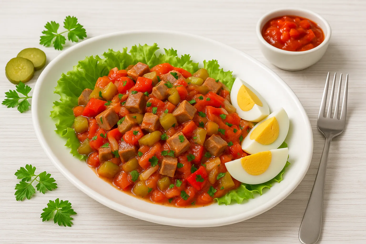 Weißer Teller mit Ungarischem Rindfleischsalat aus Rindfleisch, Gurken, Letscho, Zwiebeln und Ei, garniert mit Salatblättern