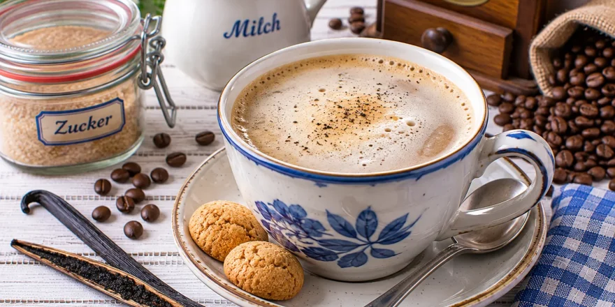 Tasse Vanillekaffee mit echter Vanilleschote.
