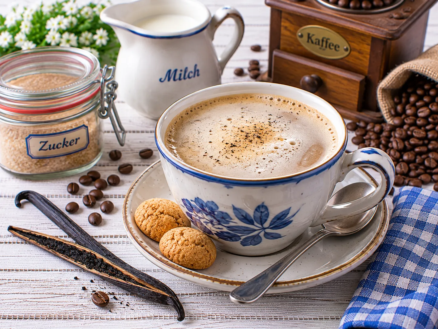 Tasse Vanillekaffee mit echter Vanilleschote.
