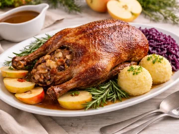 Vierländer Ente mit Apfel-Korinthen-Füllung, knuspriger Haut und Bratensoße in weißer Servierschale auf hellem Holztisch.