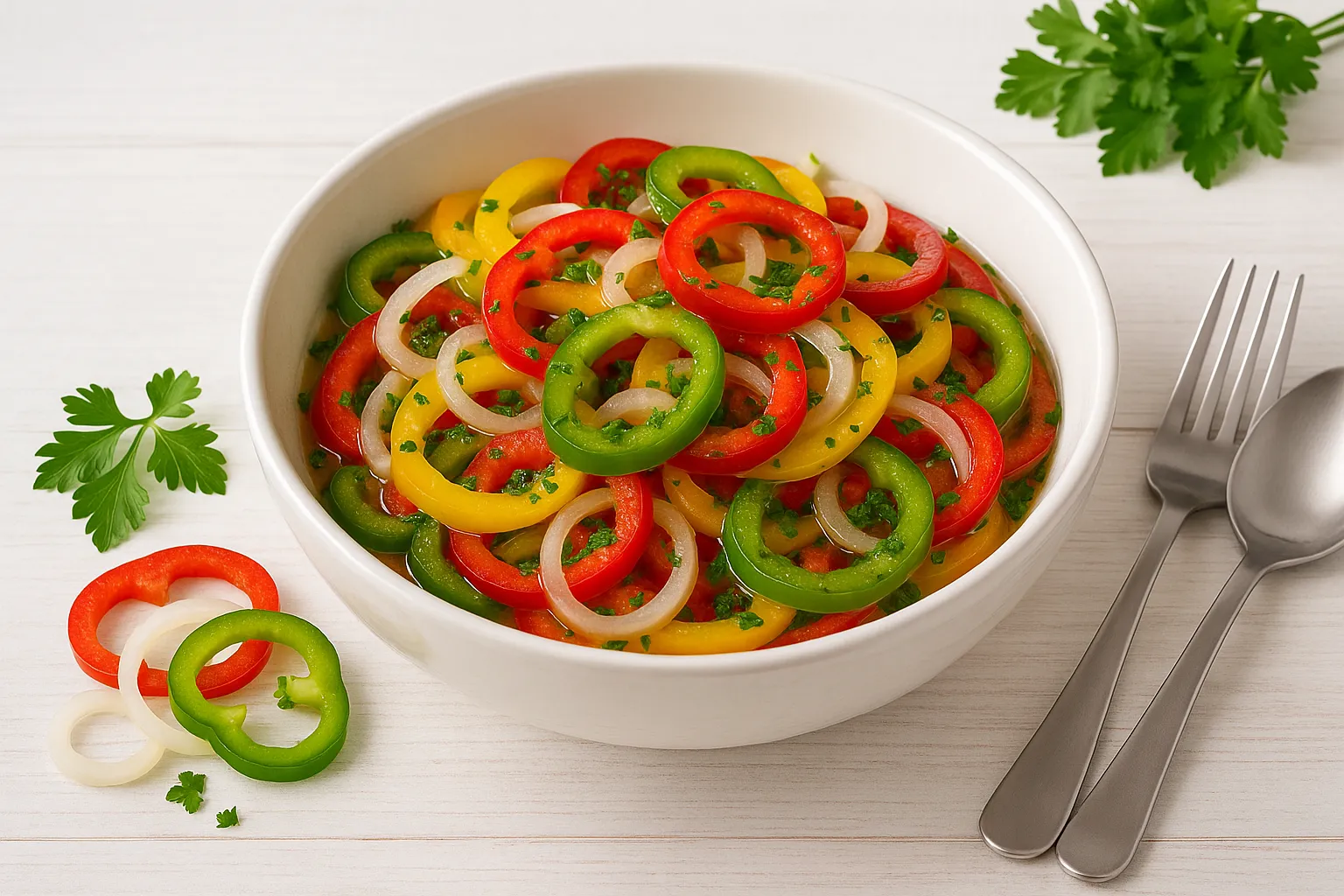 Weiße Schüssel mit buntem Paprikasalat, roten, gelben und grünen Paprikaringen, Zwiebeln und Petersilie auf weißem Holztisch