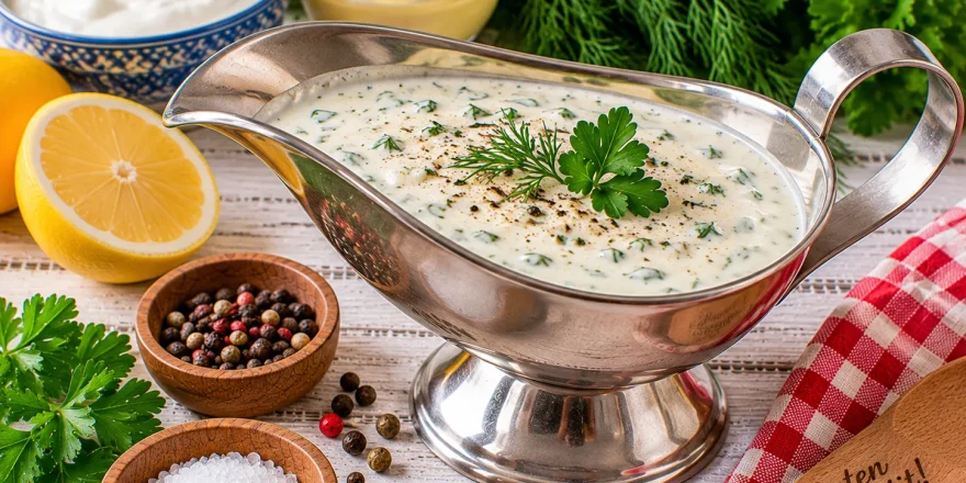 Cremige Vitaminsoße mit frischen Kräutern in einer Edelstahl-Sauciere.