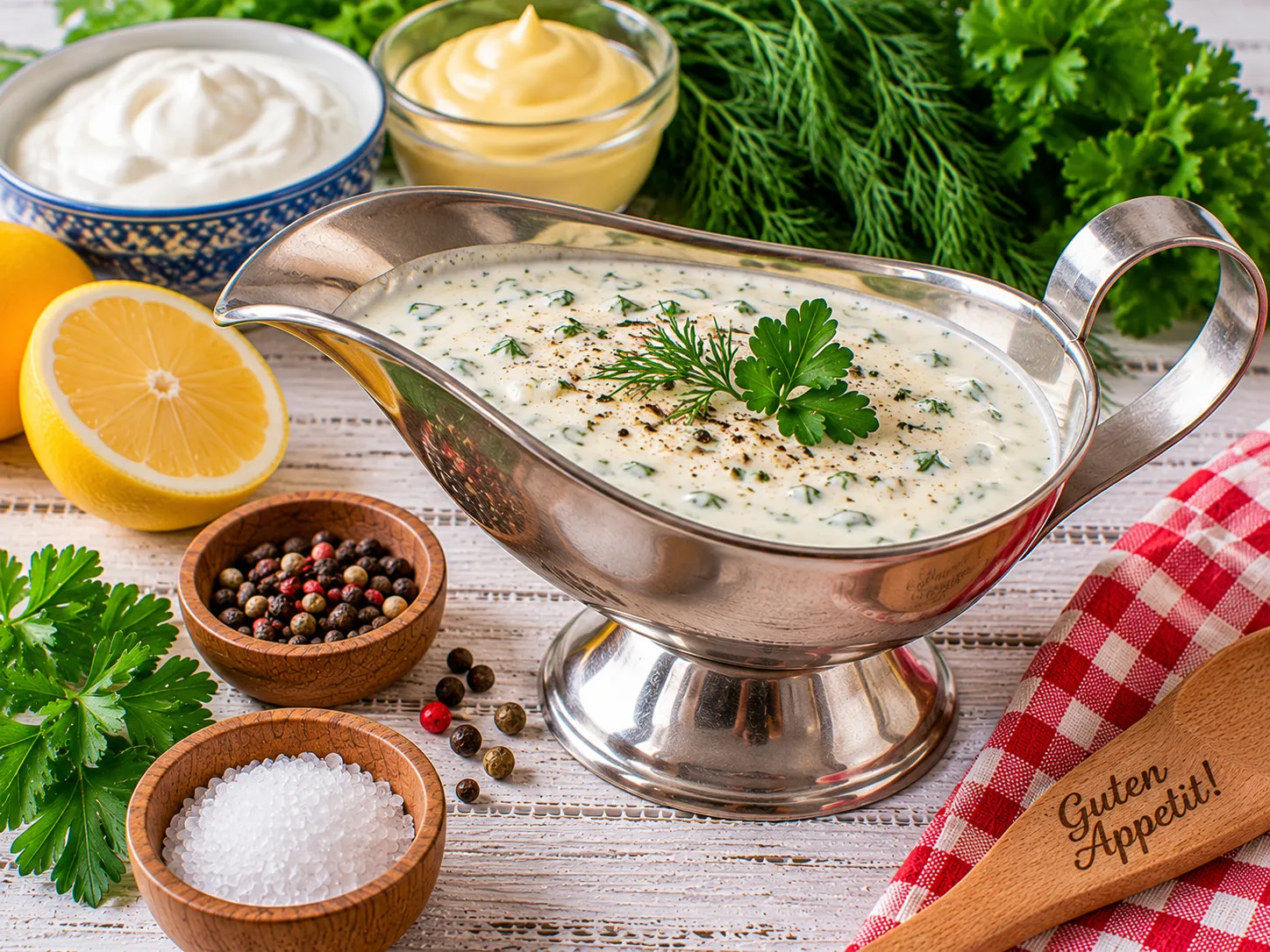 Cremige Vitaminsoße mit frischen Kräutern in einer Edelstahl-Sauciere.