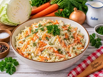 Knackiger Weißkrautsalat mit Möhren und frischen Kräutern.