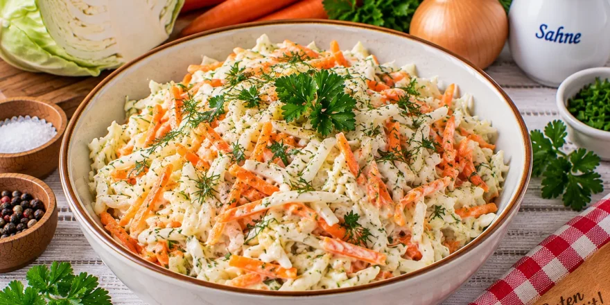 Knackiger Weißkrautsalat mit Möhren und frischen Kräutern.