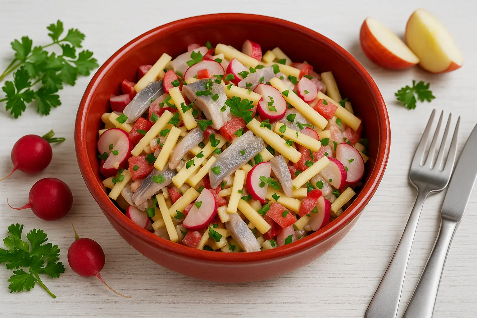 Anti-Kater-Salat in roter DDR-Salatschüssel, mit bunten Zutaten wie Hering, Apfel, Käse, Radieschen und Zwiebeln auf weißem Holztisch.