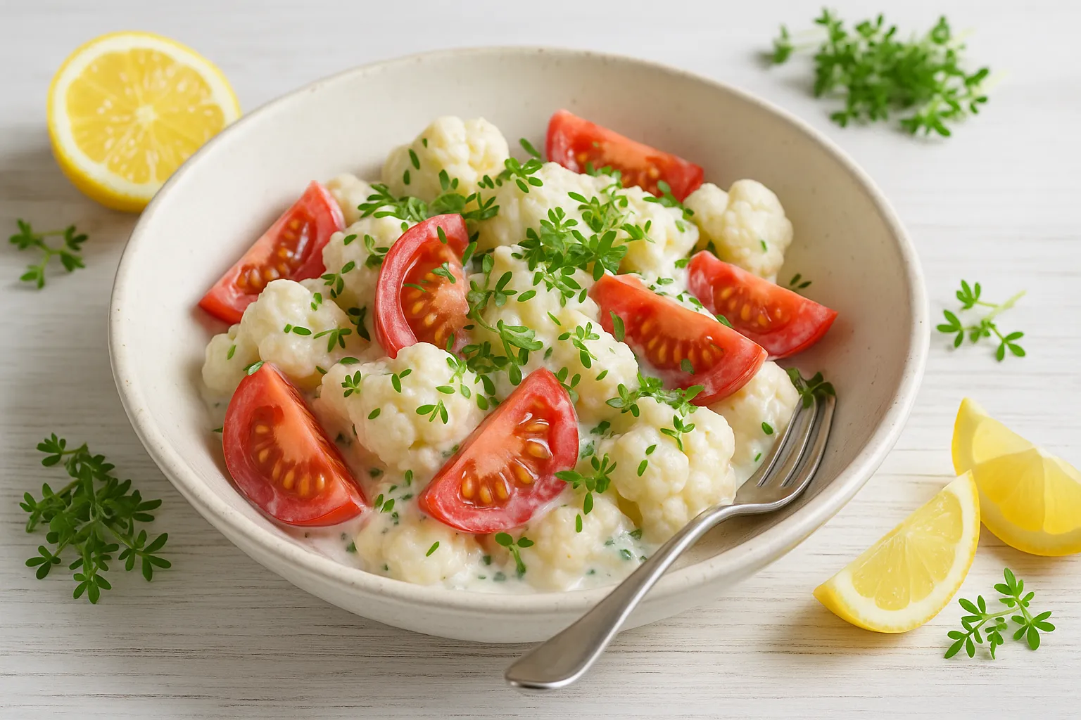 Blumenkohl-Tomaten-Salat mit Kresse und Joghurt-Dressing in weißer Schüssel, frische Deko, weißer Holzhintergrund