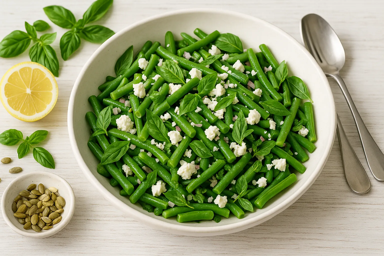 Bohnensalat mit Schafskäse, Basilikum und Zwiebel in weißer Schüssel, auf weißem Holzhintergrund mit Kräuter-Deko