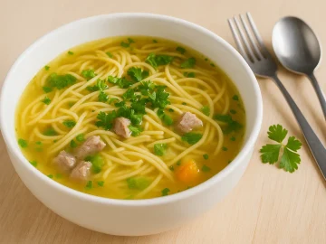 Brühnudeln in kräftiger Fleischbrühe mit Petersilie in weißer Suppenschüssel auf hellem Holztisch mit Besteck und Deko