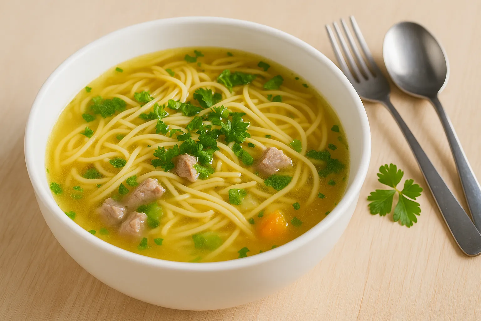 Brühnudeln in kräftiger Fleischbrühe mit Petersilie in weißer Suppenschüssel auf hellem Holztisch mit Besteck und Deko
