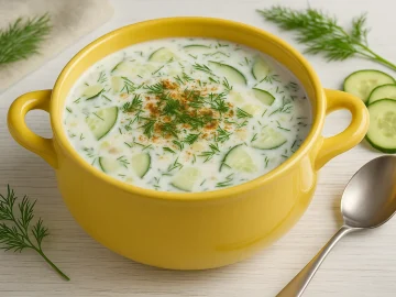 Kalte bulgarische Gurkensuppe Tarator in gelber Suppenterrine mit Dill und Paprikapulver