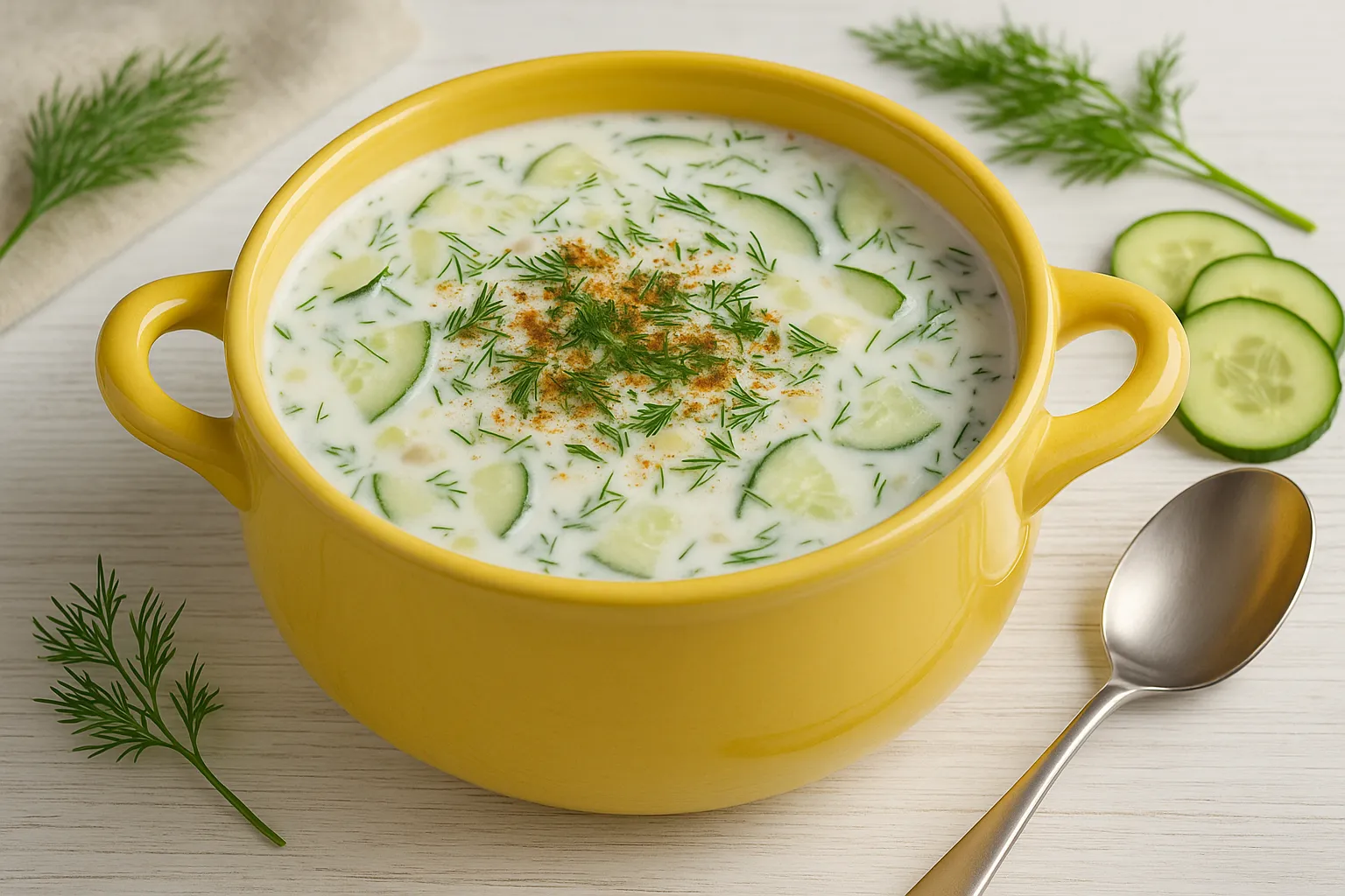 Kalte bulgarische Gurkensuppe Tarator in gelber Suppenterrine mit Dill und Paprikapulver