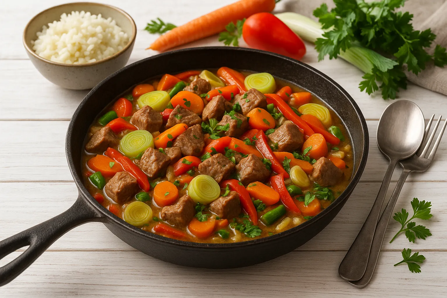  Bunte Gemüsepfanne mit Fleischwürfeln, Möhren, Paprika, Zwiebeln und Kräutern in rustikaler Pfanne, serviert mit Reis auf weißem Holztisch.