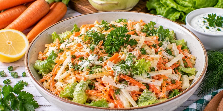 Bunte Rohkost mit Möhren, Kohlrabi und cremigem Kräuterdressing.