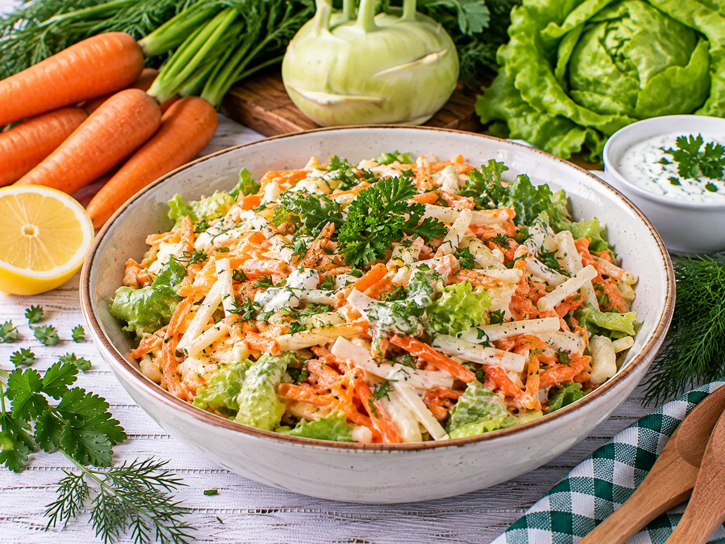 Bunte Rohkost mit Möhren, Kohlrabi und cremigem Kräuterdressing.