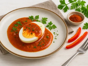 Halbiertes gekochtes Ei mit Paprikasoße auf rustikalem Teller, dekoriert mit Kräutern und Paprika, angerichtet auf weißem Holztisch mit modernem Besteck.