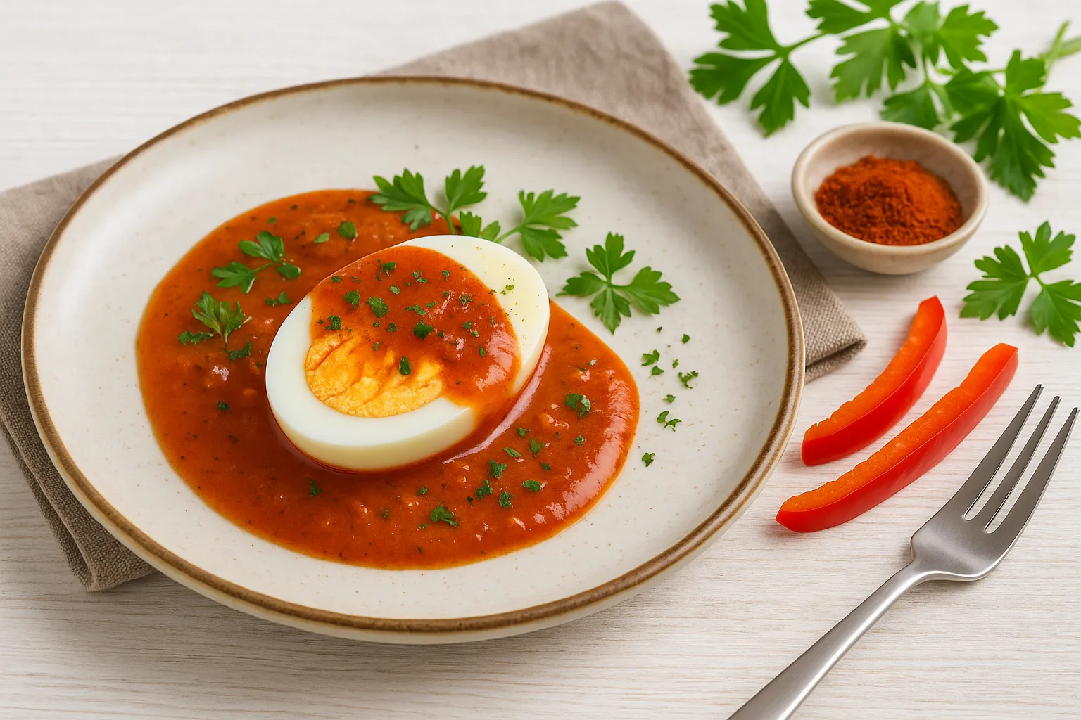  Halbiertes gekochtes Ei mit Paprikasoße auf rustikalem Teller, dekoriert mit Kräutern und Paprika, angerichtet auf weißem Holztisch mit modernem Besteck.