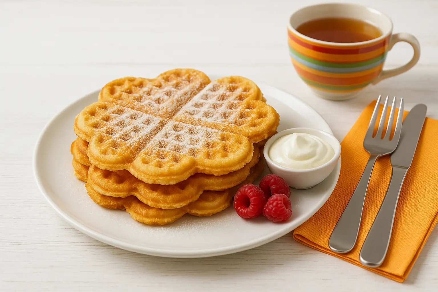  Frische Festtagswaffeln auf weißem Teller, bestäubt mit Puderzucker, dazu Sahne und Beeren, angerichtet auf weißem Holztisch.