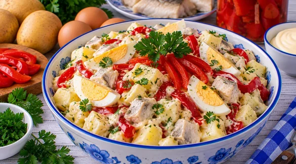 Cremiger Fischsalat mit Kartoffeln, Ei und mariniertem rotem Paprika.
