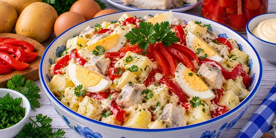 Cremiger Fischsalat mit Kartoffeln, Ei und mariniertem rotem Paprika.