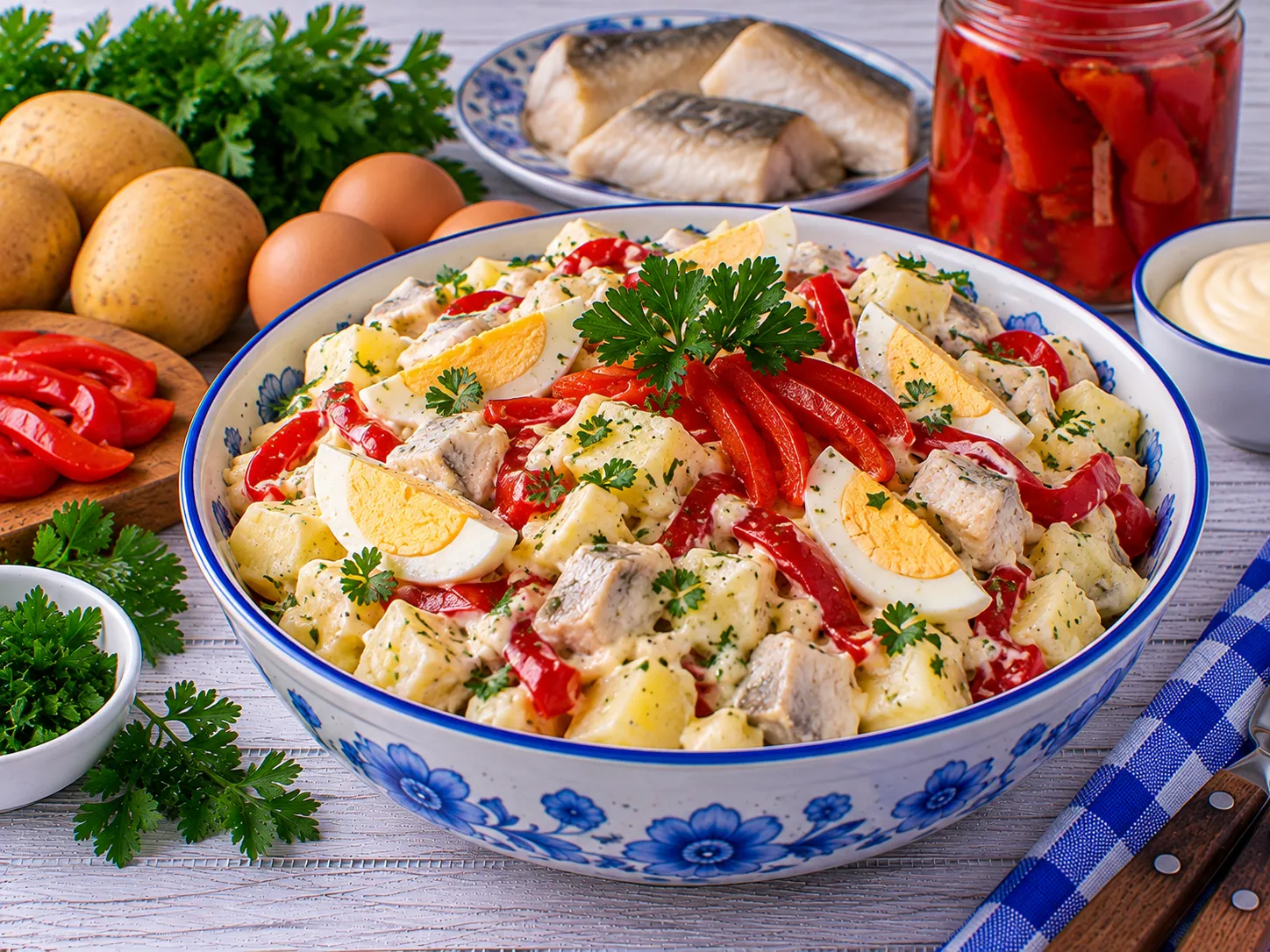 Cremiger Fischsalat mit Kartoffeln, Ei und mariniertem rotem Paprika.