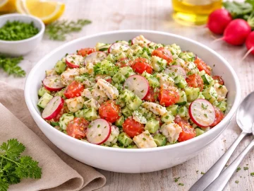 Frühlingsfischsalat mit Gemüse und Kräutern in einer weißen Schüssel auf hellem Holzhintergrund