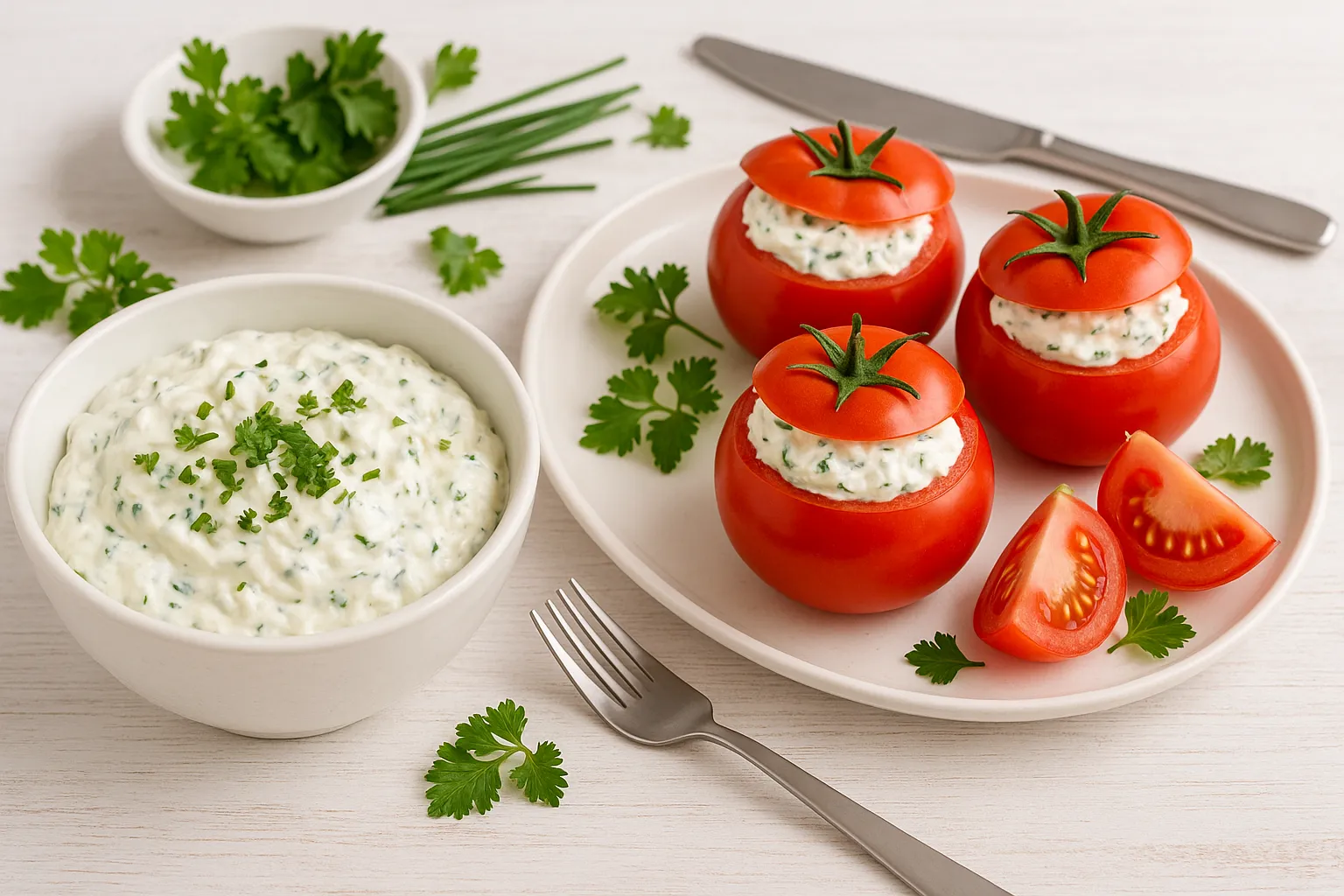 Frühlingsquark in weißer Schüssel, daneben gefüllte Tomaten und frische Kräuter auf weißem Holzhintergrund.