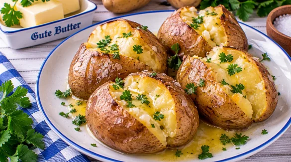 Gebackene Kartoffeln mit zerlassener Butter auf einem Teller.