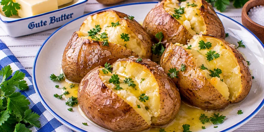 Gebackene Kartoffeln mit zerlassener Butter auf einem Teller.