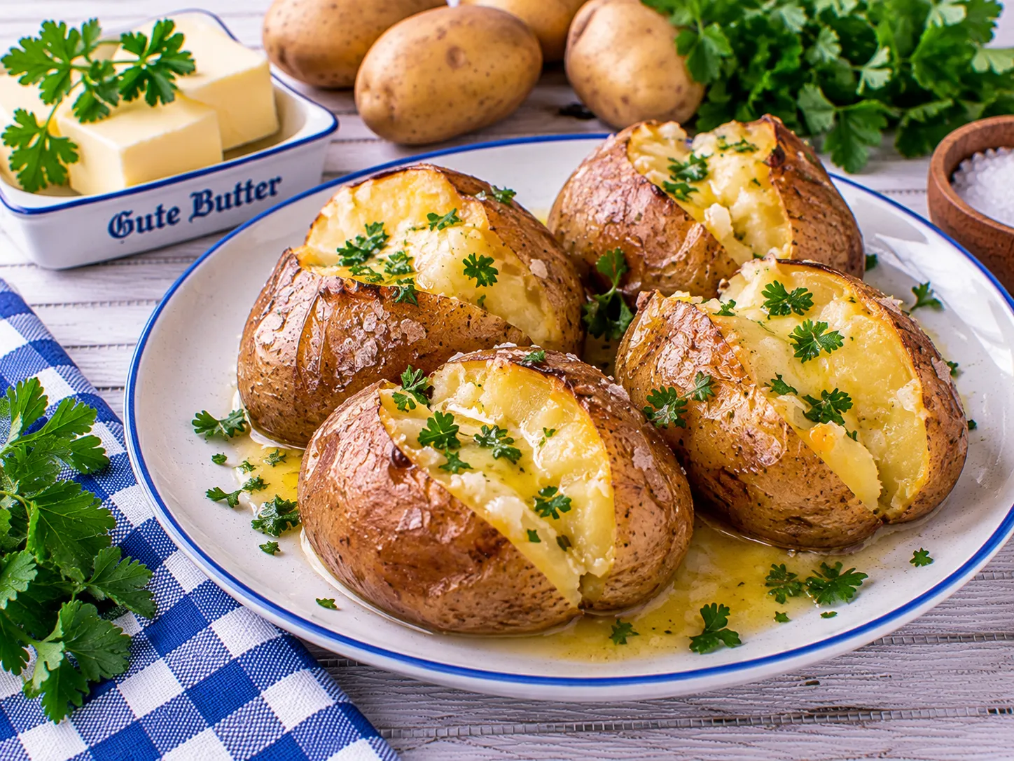 Gebackene Kartoffeln mit zerlassener Butter auf einem Teller.