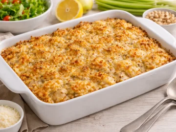 Geflügelauflauf mit Geflügelfleisch, Äpfeln, Sellerie und Käsekruste in weißer Auflaufform auf hellem Holzhintergrund.