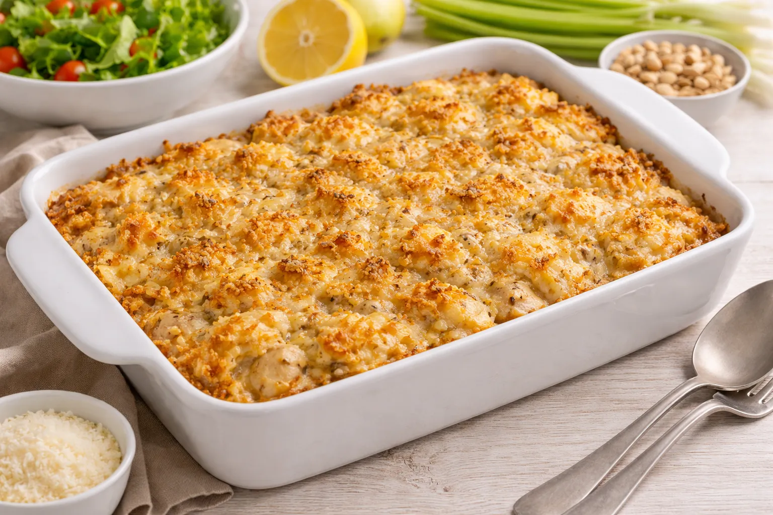 Geflügelauflauf mit Geflügelfleisch, Äpfeln, Sellerie und Käsekruste in weißer Auflaufform auf hellem Holzhintergrund.