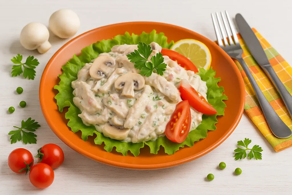  Geflügelsalat mit Hühnerfleisch, Champignons, Zwiebeln, Salatblättern, Tomaten und Kräutern auf orangefarbenem Teller, dekoriert mit Zitrone auf weißem Holztisch.