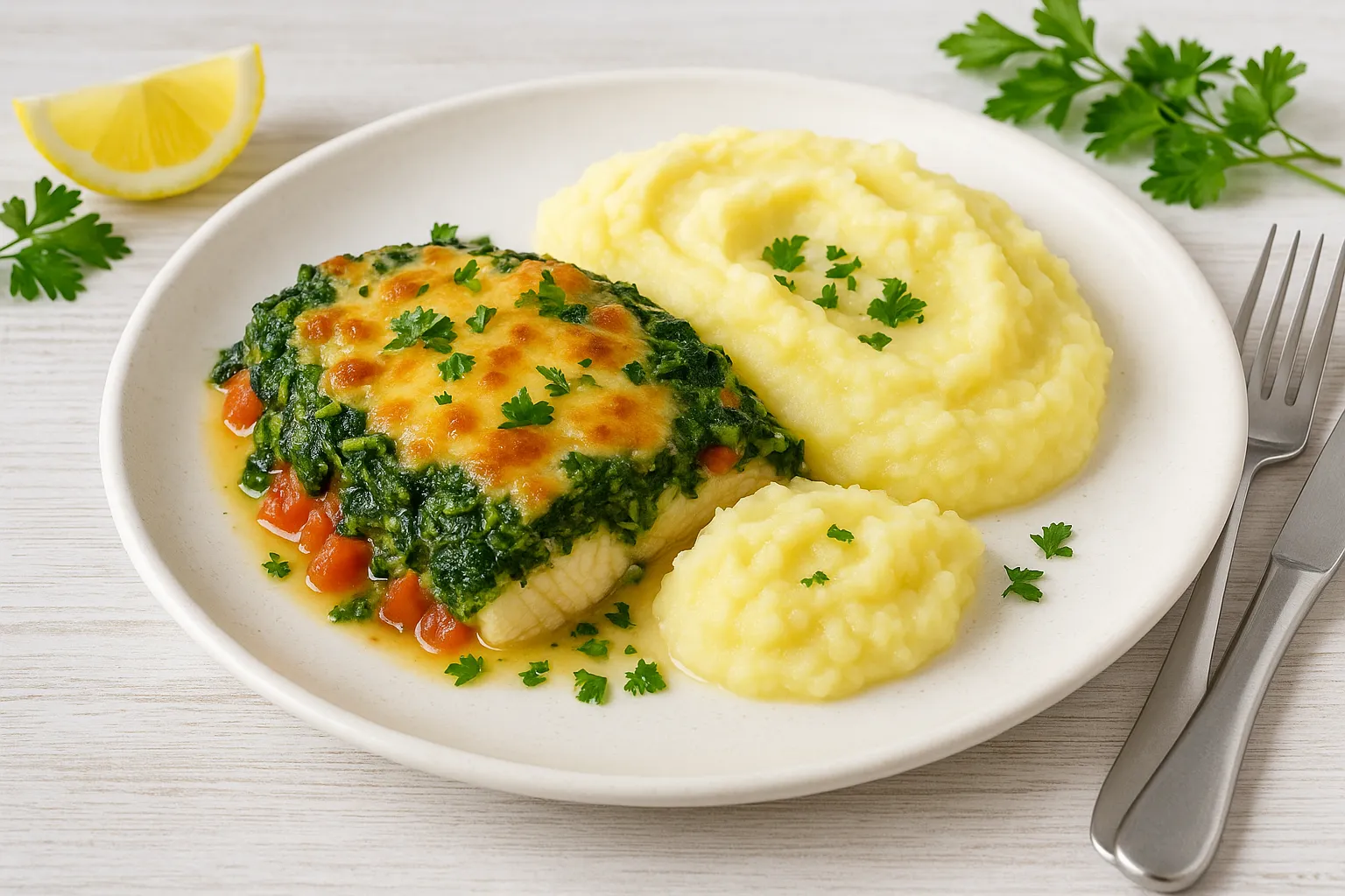 Überbackenes Fischfilet mit Spinat, Tomaten und Käse auf weißem Teller, Kartoffelbrei und frische Deko, weißer Holzhintergrund